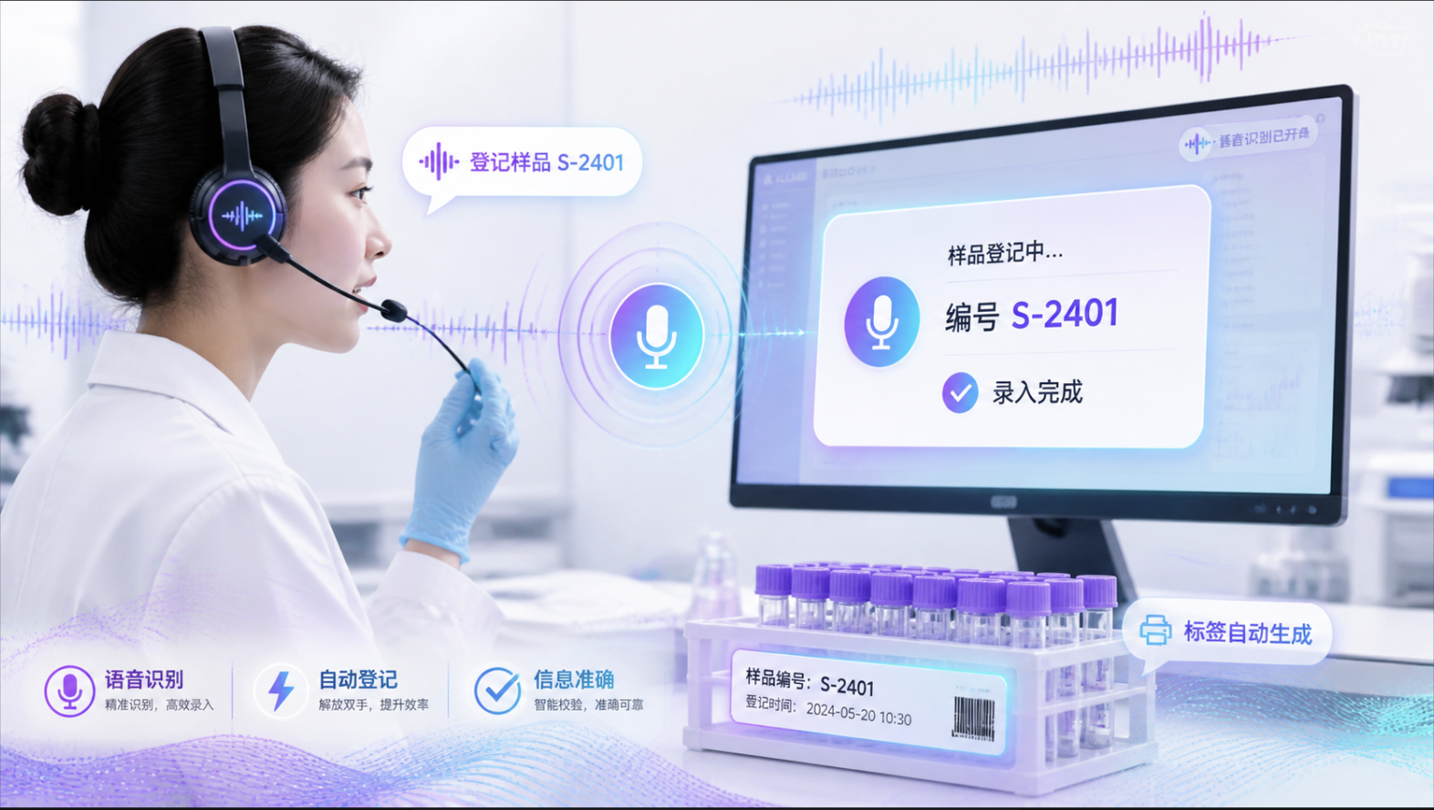 智能語音業(yè)務操作：語音/文字指令完成樣品登記、錄入、查詢、填報，全程無需手動切界面。